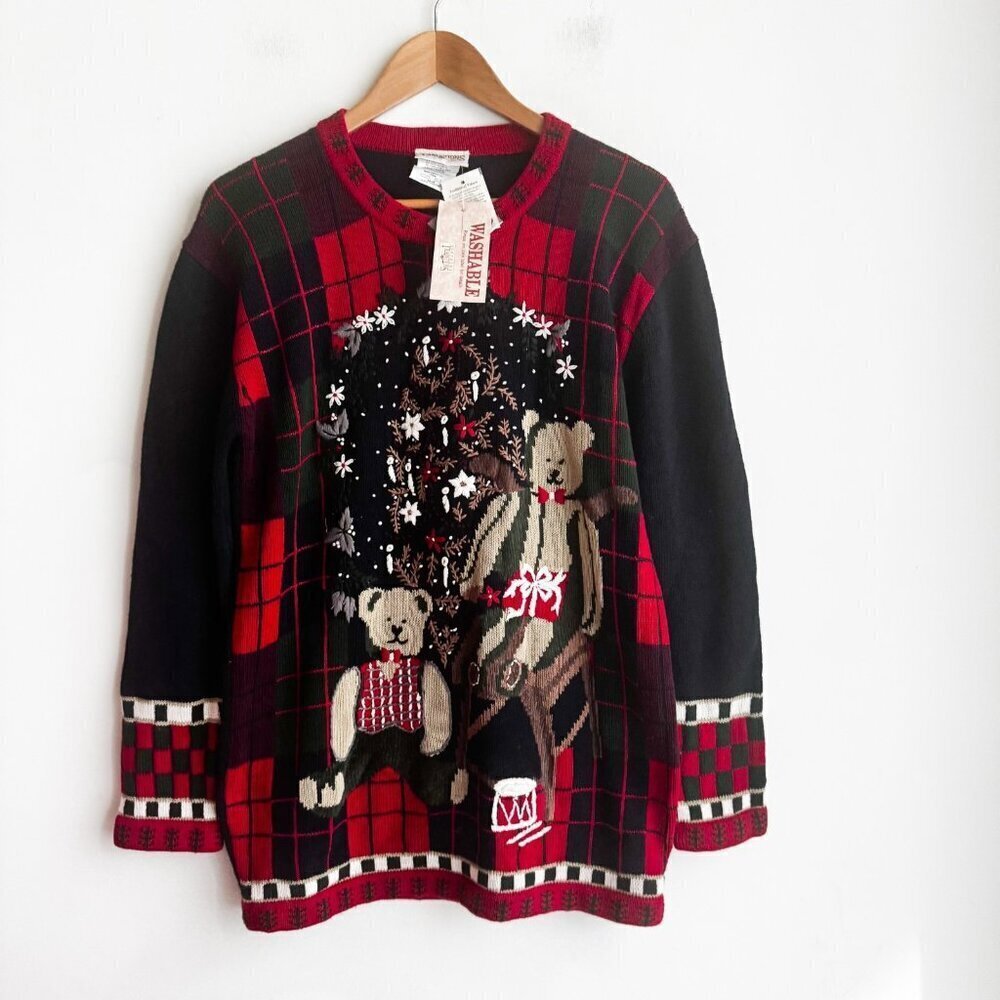 Vintage Northern Traditions Christmas Teddy Beaded Sweater M - Picture 2 of 4